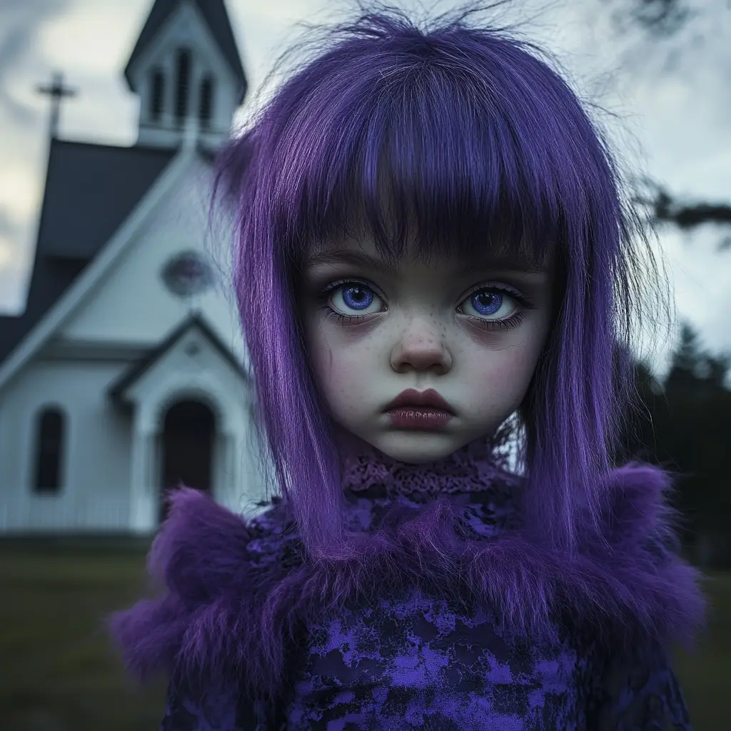 halloween meisje met paarse haren voor een kleine witte kerk
